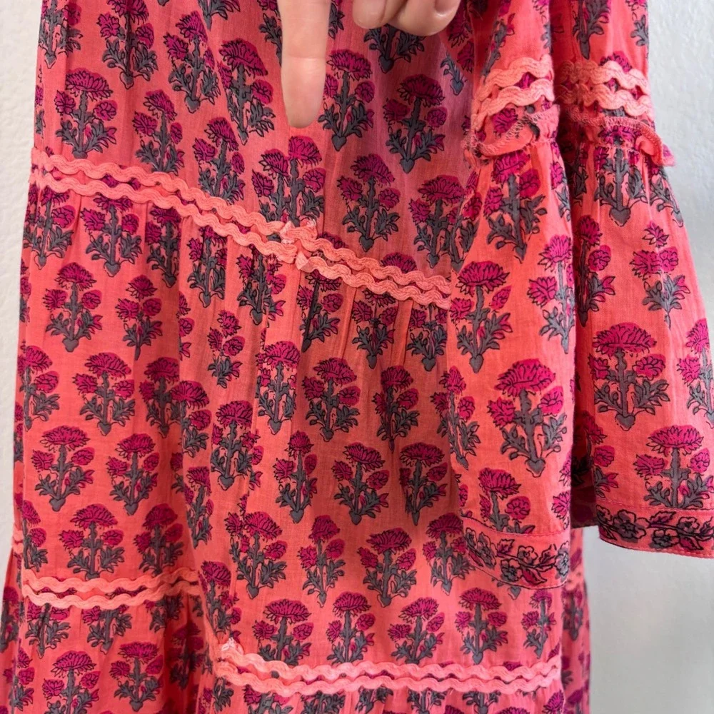 Lola Australia Morocco Mini Strawberry Dress, XXS, Pink Floral Bell Sleeve Boho